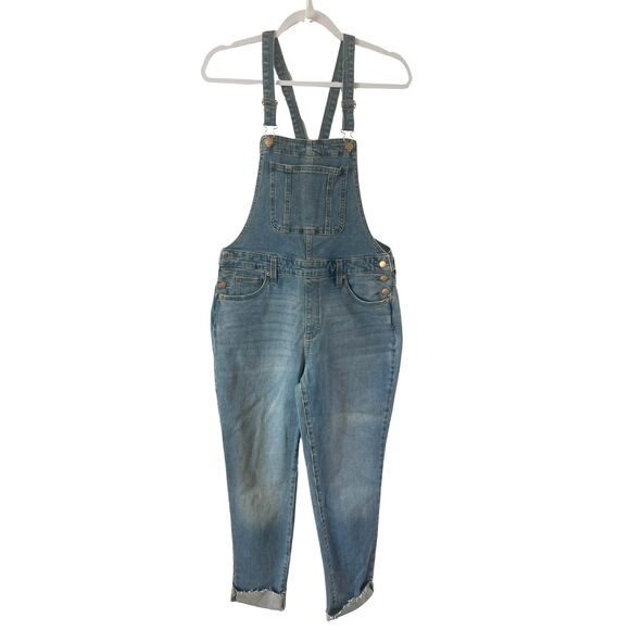 NWOT Universal Thread Raw Hem Tapered Denim Jean Overalls Blue Stretch Sz 6/28R - Picture 1 of 4